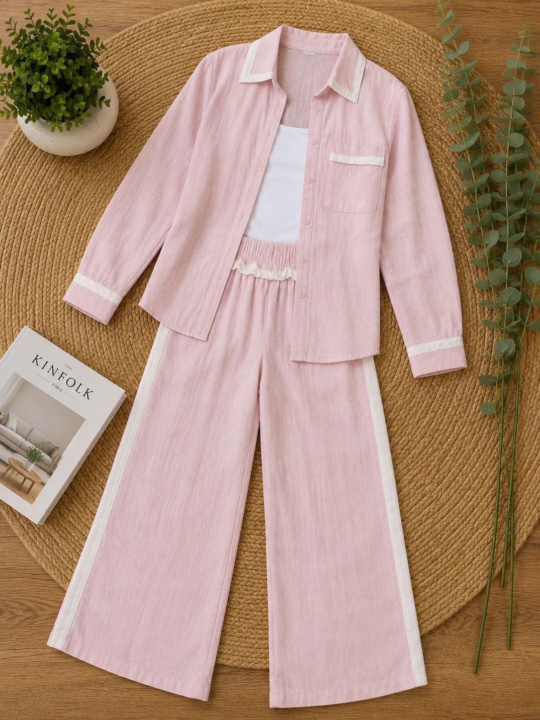 Pink Linen Shirt and Wide Leg Pant Set