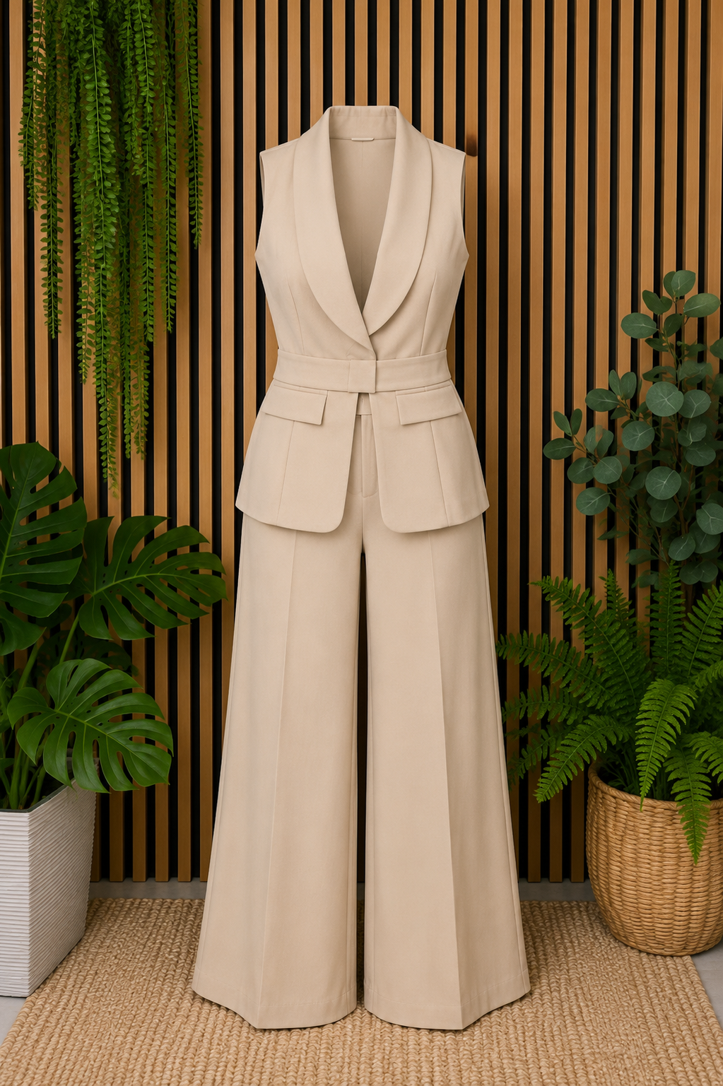 Elegant Tailored Halter Vest & Wide Leg Pants Set – Beige