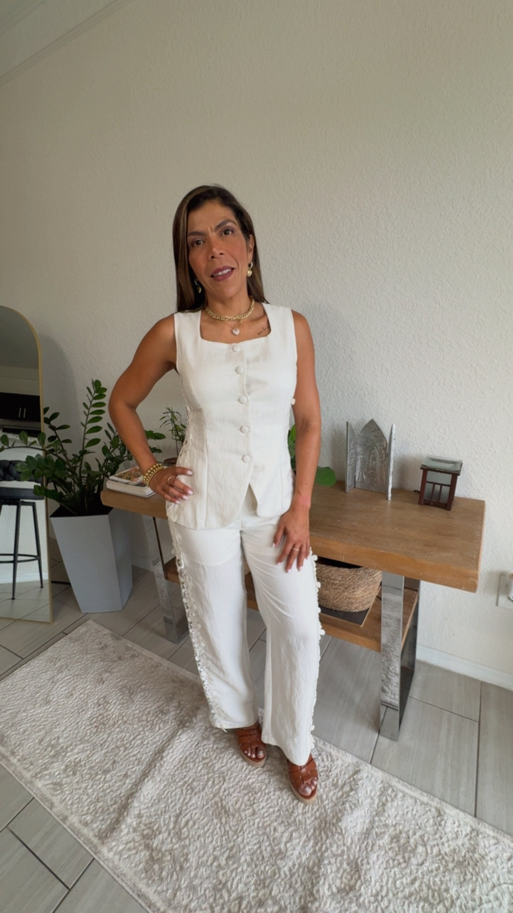 Women’s Linen Vest and Straight Leg Trouser Set with Trim Accent
