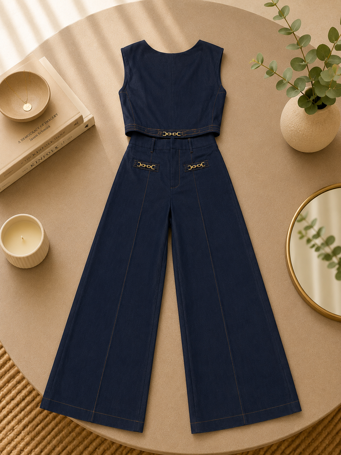 Denim Crop Top and Wide Leg Pant Set with Hardware Detail