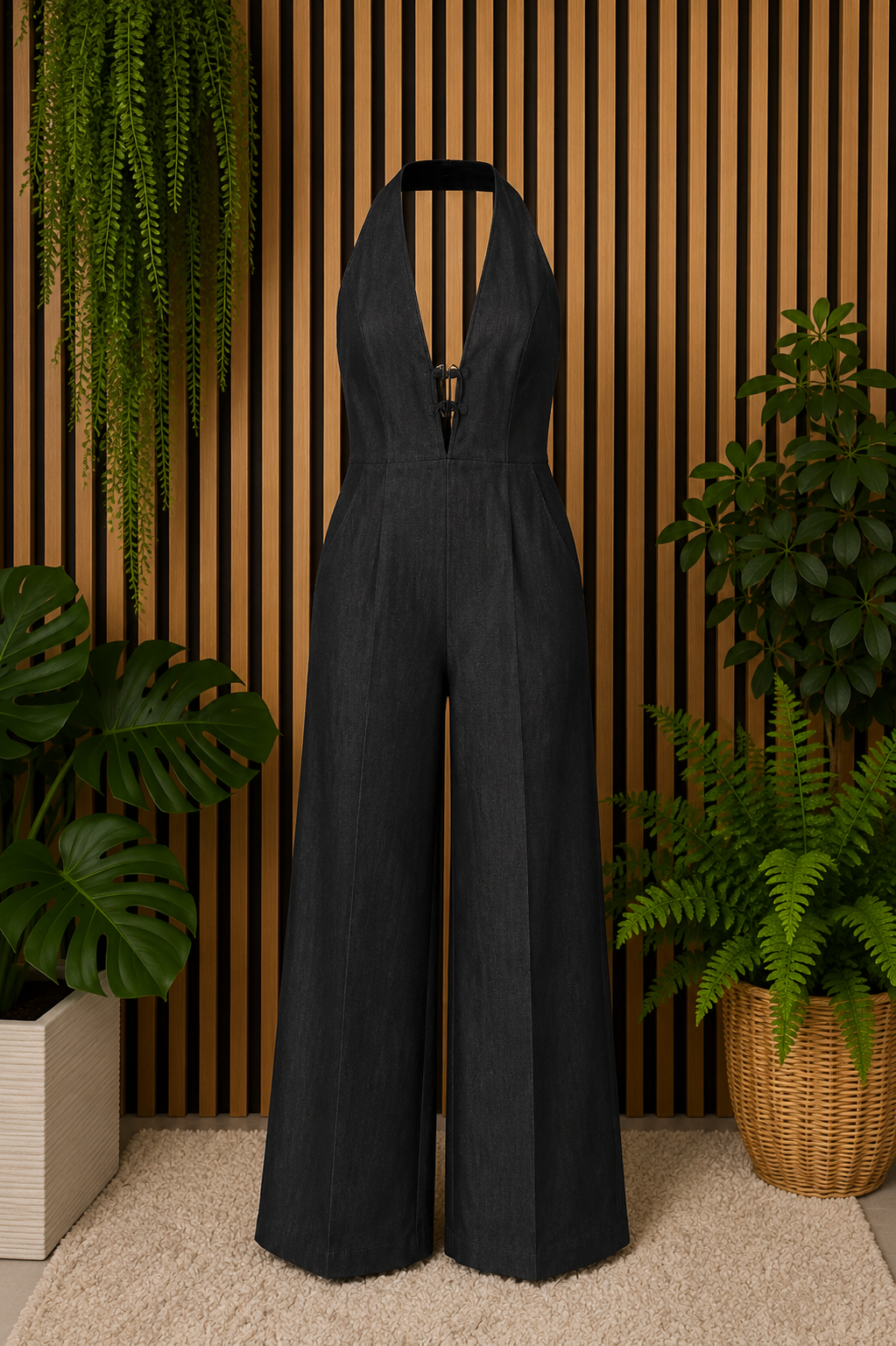 Black Denim Halter Wide Leg Jumpsuit with Hardware Pockets