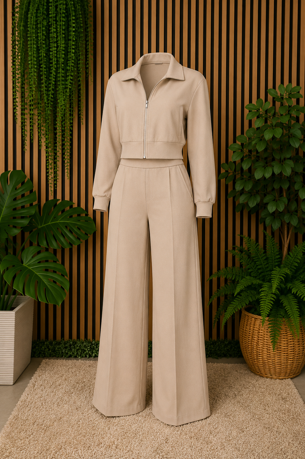 Long Sleeve Top & Pant Set Beige