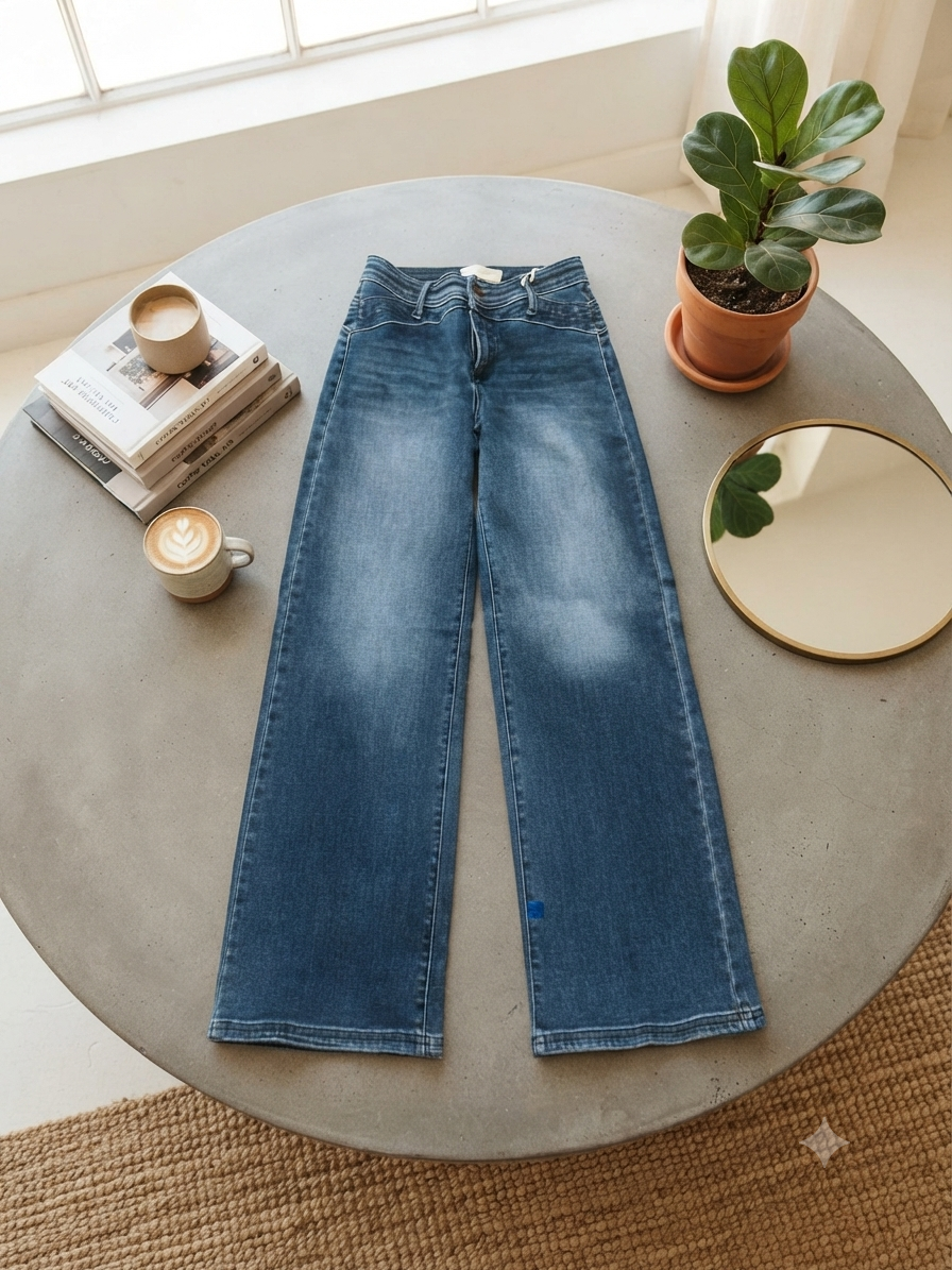 Jeans Women’s Dark Blue High Rise Wide Leg Stretch Denim with Waist Detail