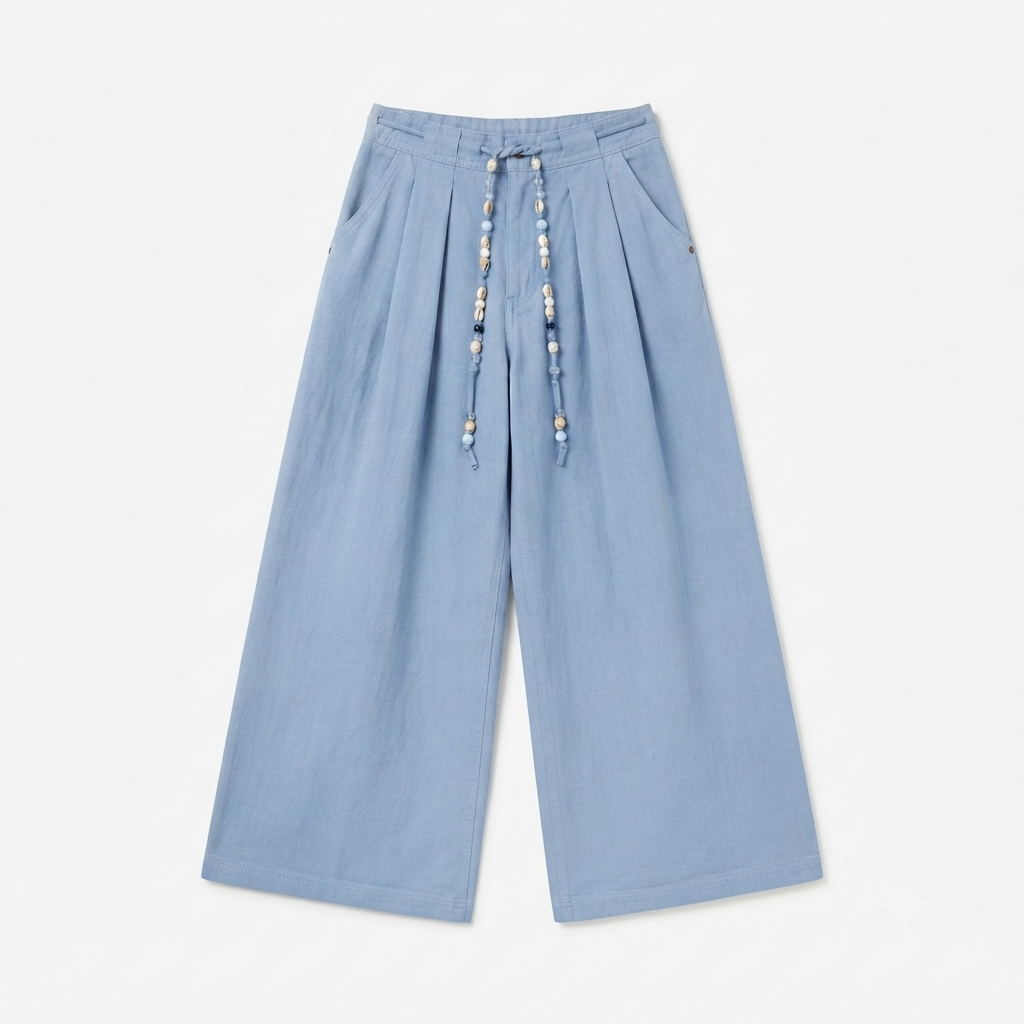 Women’s Blue Straight Leg Trouser with Beaded Belt