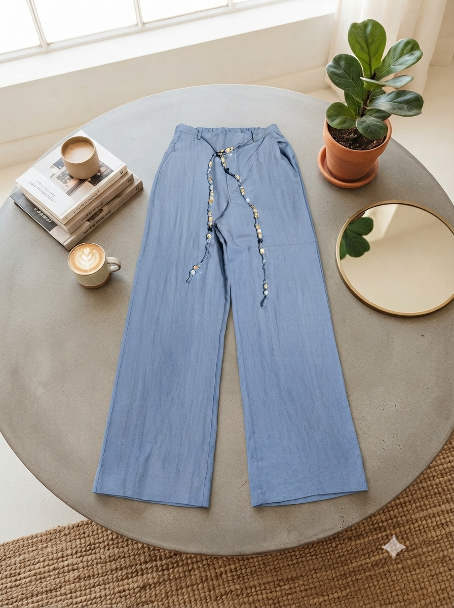 Women’s Blue Straight Leg Trouser with Beaded Belt