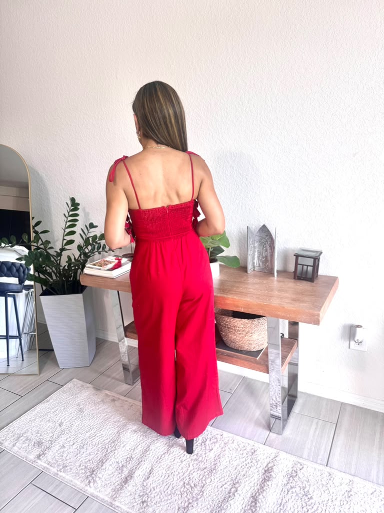 Women’s Elegant Tie Strap Jumpsuit with Floral Details