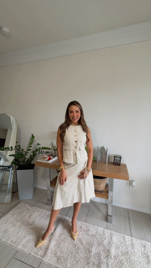 Cotton Button Down Vest and Skirt Set