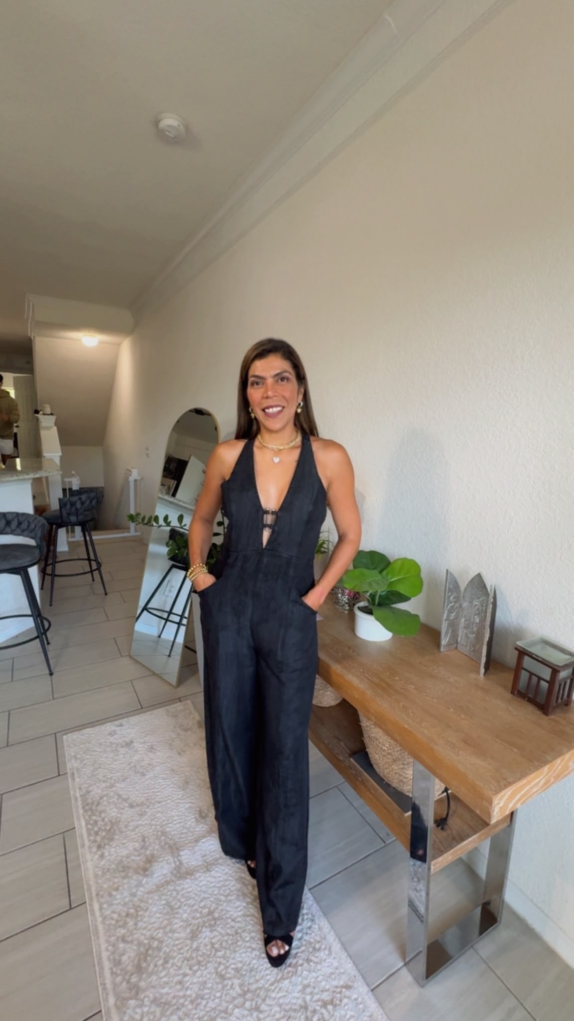 Black Denim Halter Wide Leg Jumpsuit with Hardware Pockets