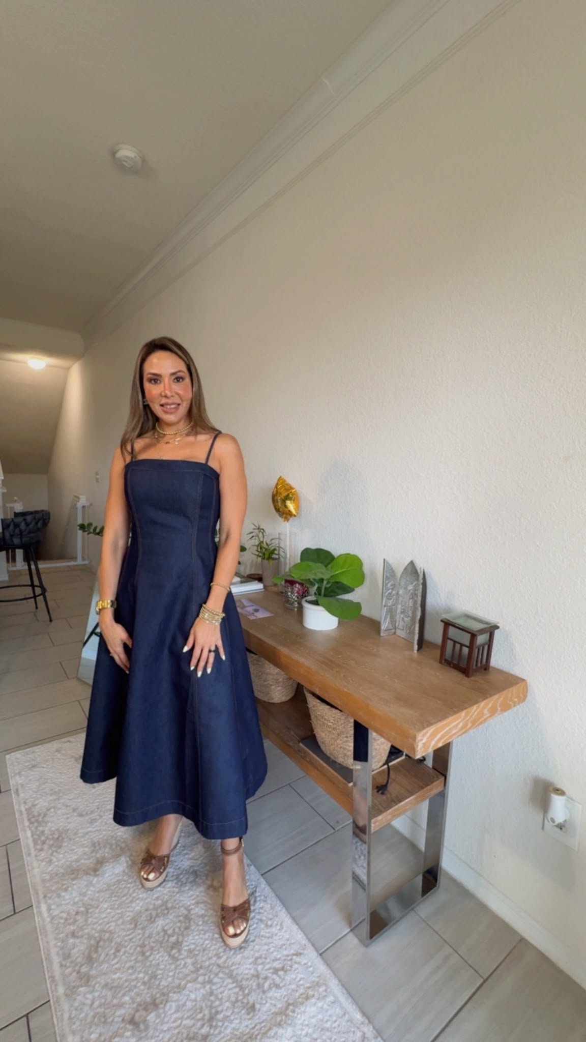 Denim Midi Dress with Straight Neckline and Full Circle Skirt