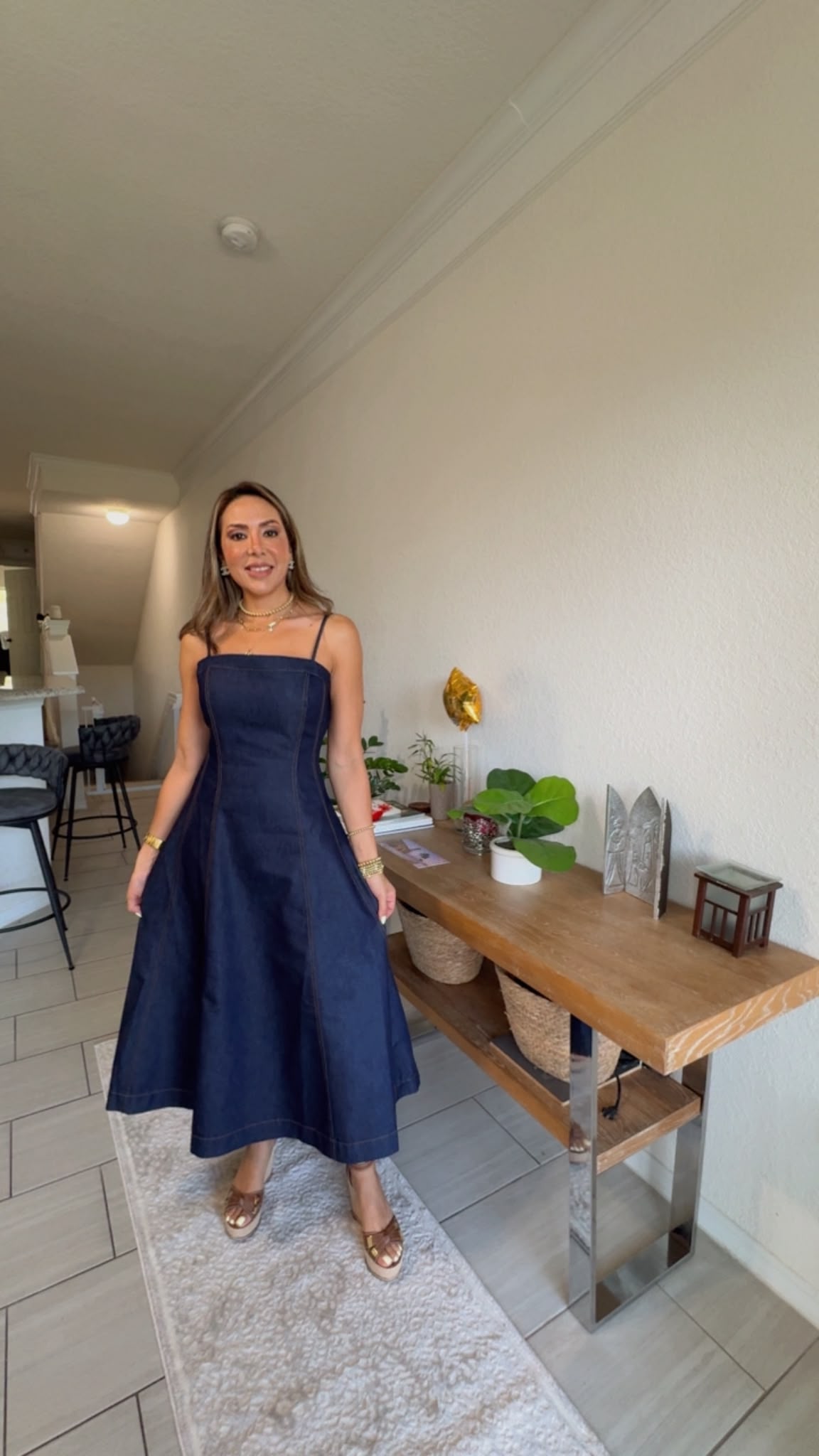 Denim Midi Dress with Straight Neckline and Full Circle Skirt
