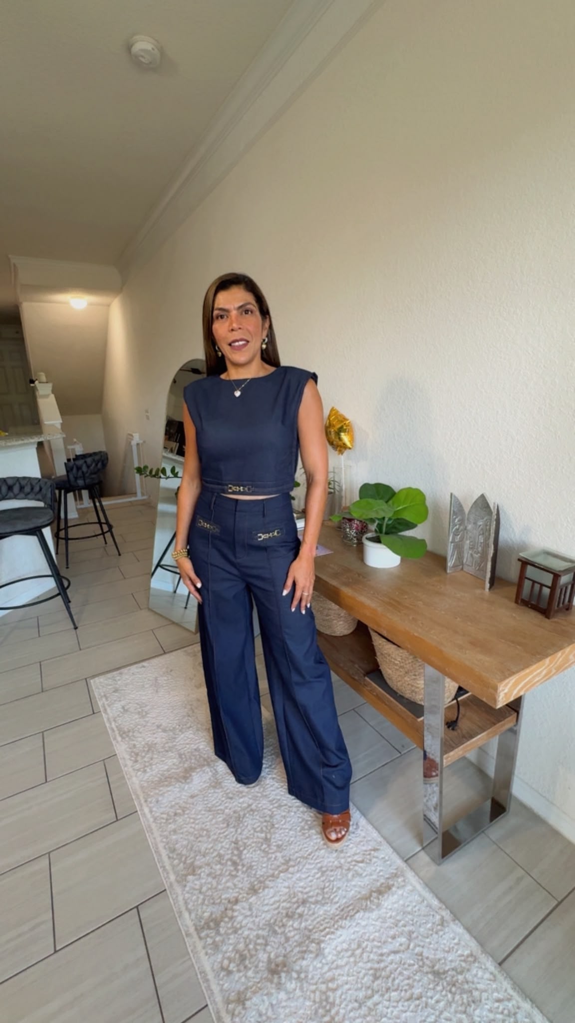 Denim Crop Top and Wide Leg Pant Set with Hardware Detail