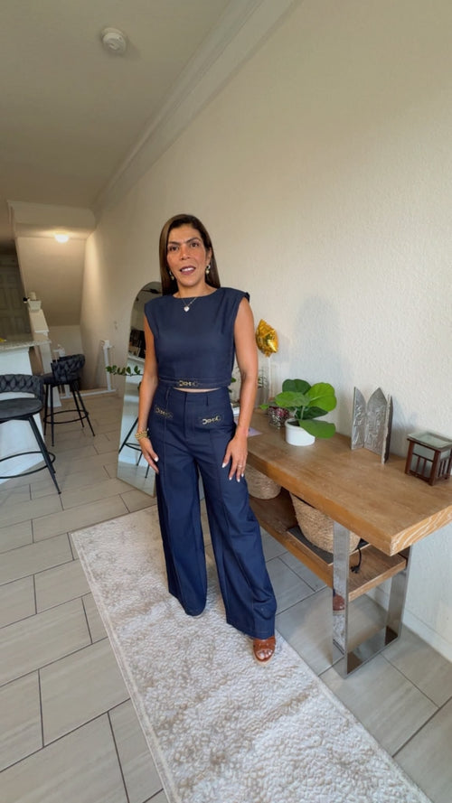 Denim Crop Top and Wide Leg Pant Set with Hardware Detail