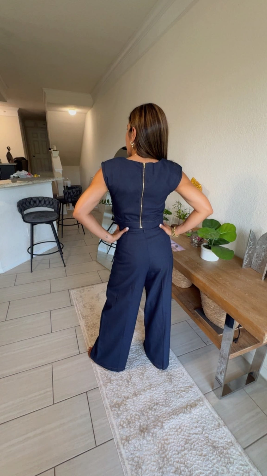 Denim Crop Top and Wide Leg Pant Set with Hardware Detail