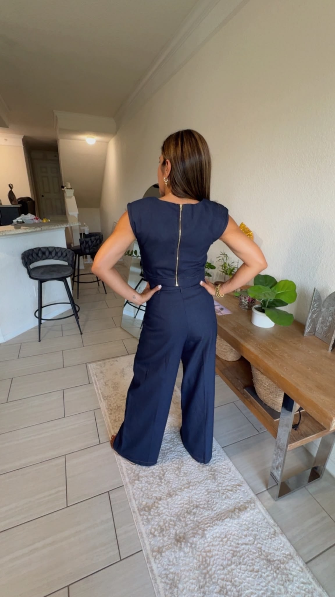 Denim Crop Top and Wide Leg Pant Set with Hardware Detail