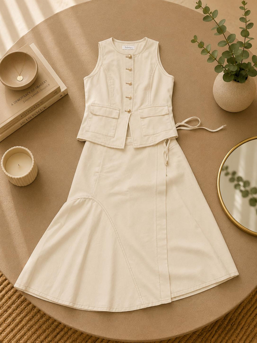 Cotton Button Down Vest and Skirt Set