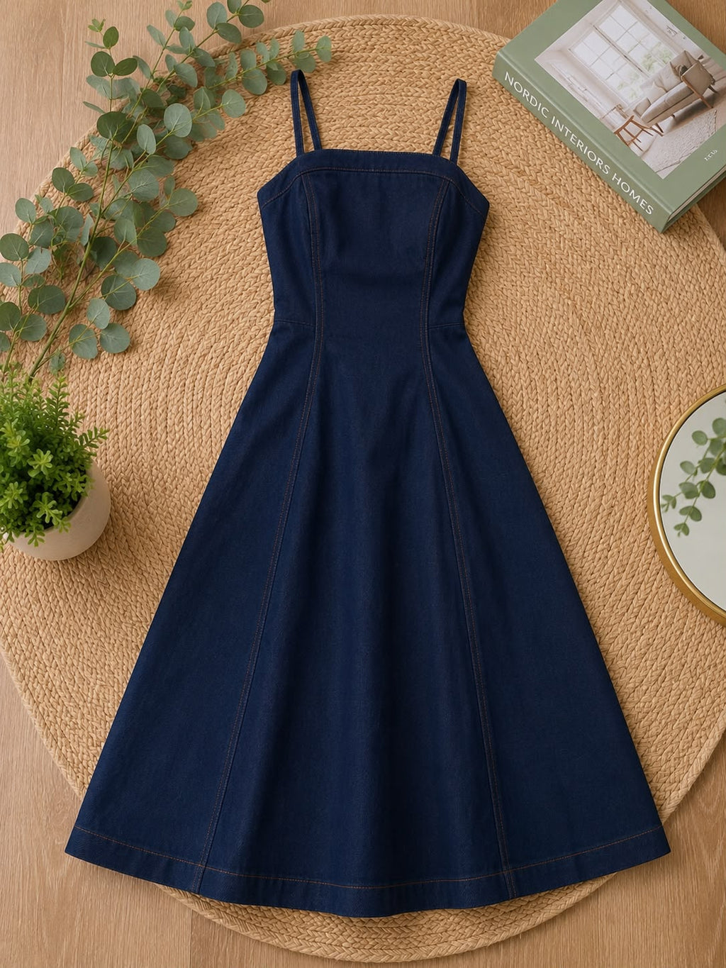 Denim Midi Dress with Straight Neckline and Full Circle Skirt