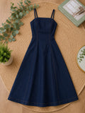 Denim Midi Dress with Straight Neckline and Full Circle Skirt