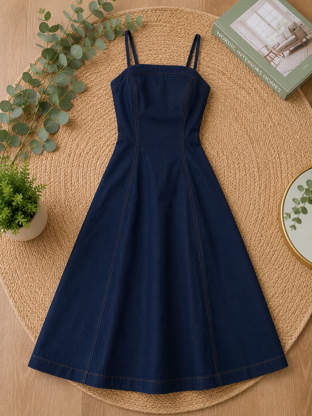 Denim Midi Dress with Straight Neckline and Full Circle Skirt