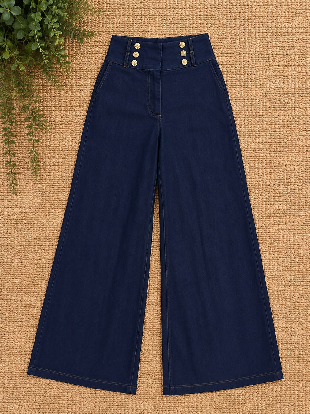 Denim Wide Leg Pants with Button Tab Waistband