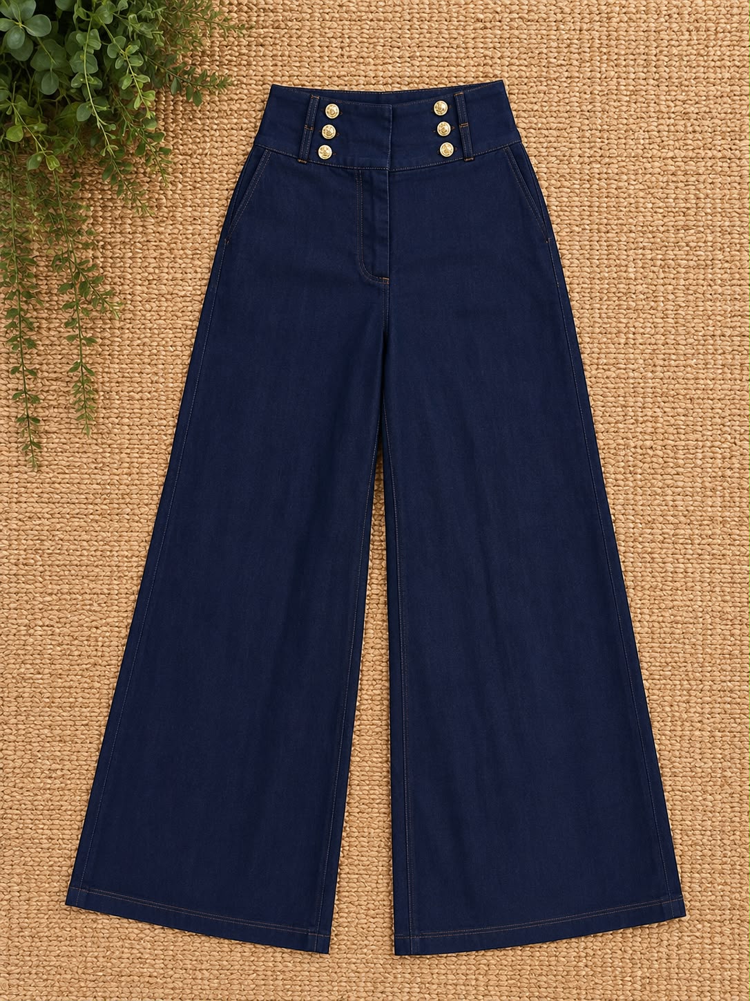 Denim Wide Leg Pants with Button Tab Waistband