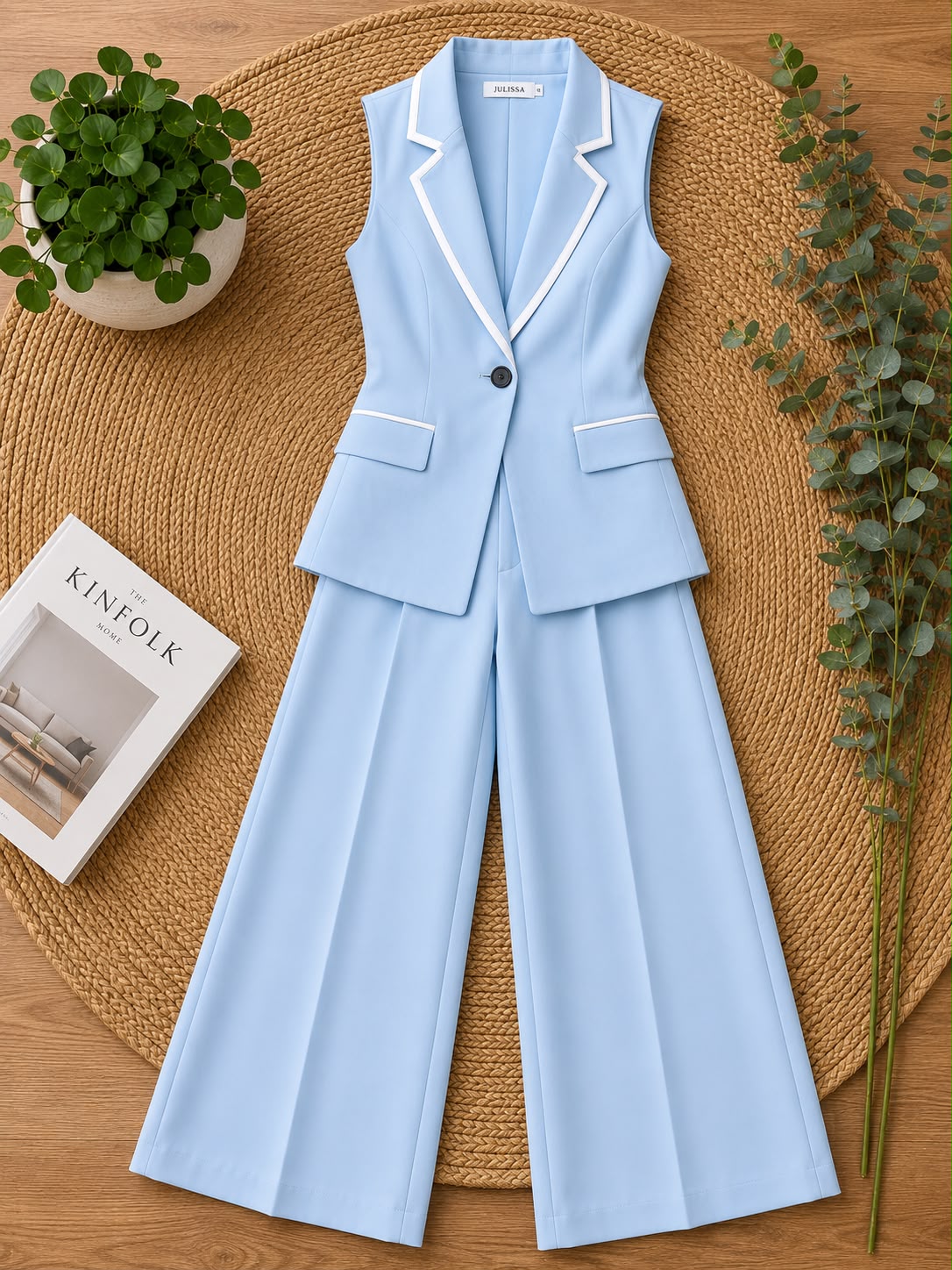 Vici Contrast One Button Fitted Vest Set – Blue
