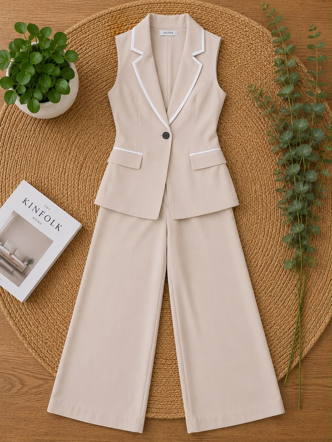 Vici Contrast One Button Fitted Vest Set – Beige