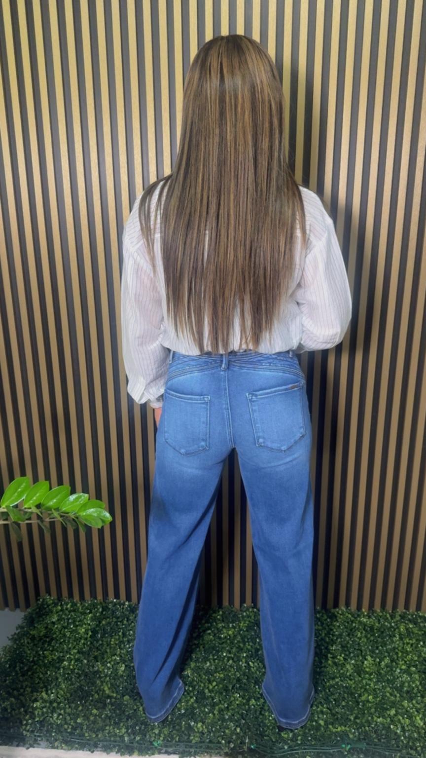 Jeans Women’s Dark Blue High Rise Wide Leg Stretch Denim with Waist Detail