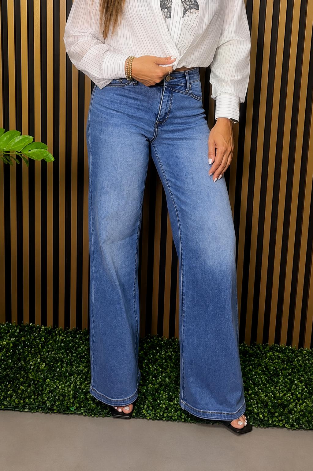 Jeans Women’s Dark Blue High Rise Wide Leg Stretch Denim with Waist Detail