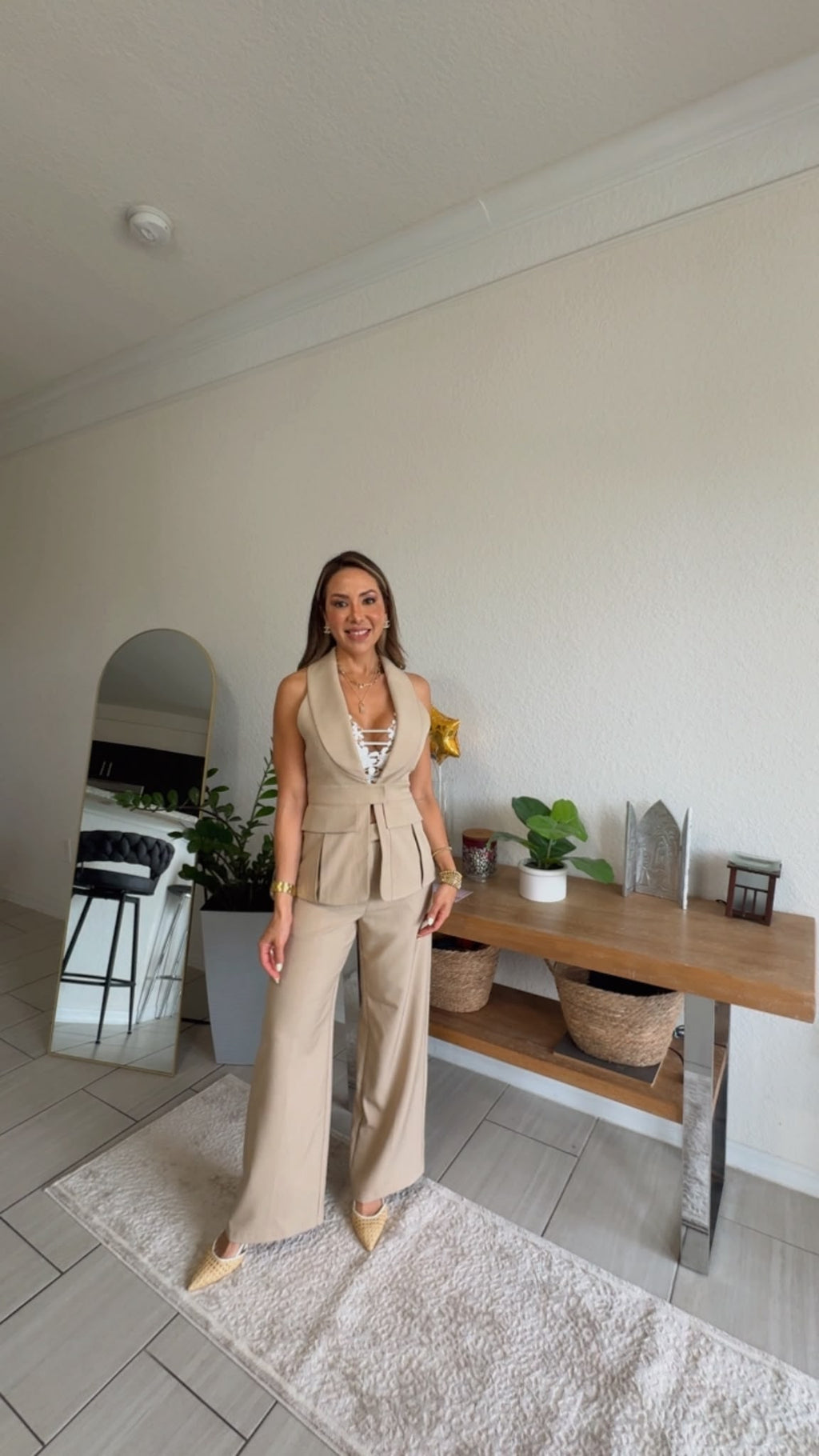 Elegant Tailored Halter Vest & Wide Leg Pants Set – Beige