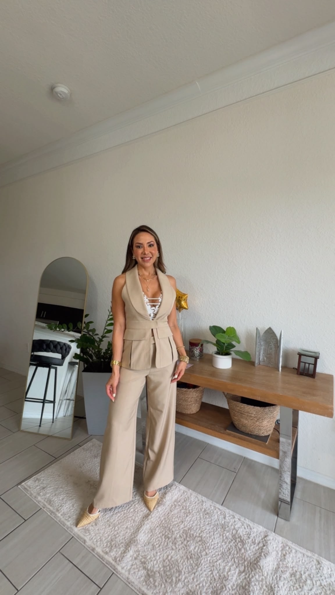 Elegant Tailored Halter Vest & Wide Leg Pants Set – Beige