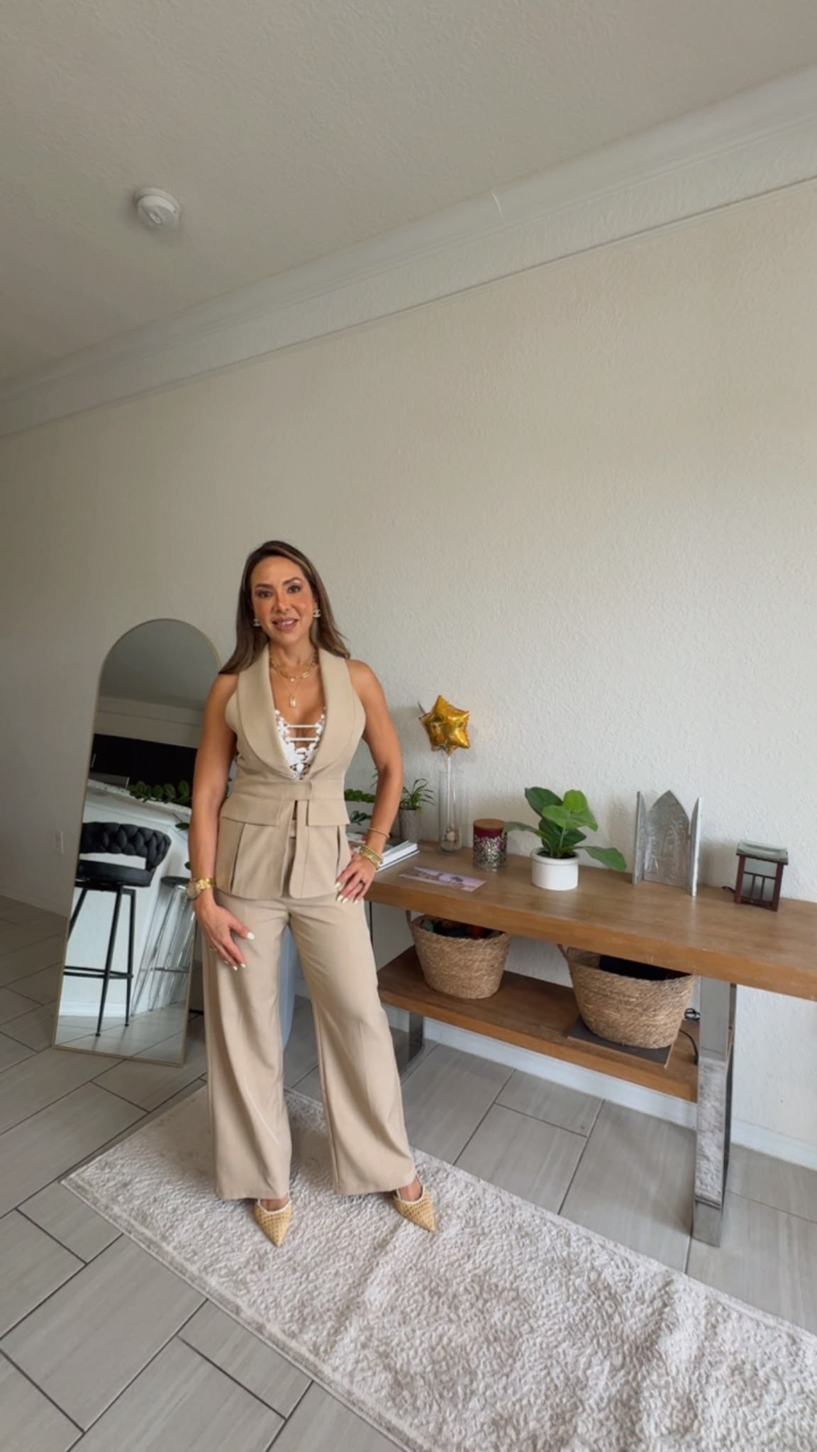 Elegant Tailored Halter Vest & Wide Leg Pants Set – Beige
