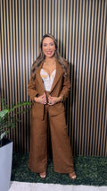 Vicky Camel Solid Linen Blazer Set