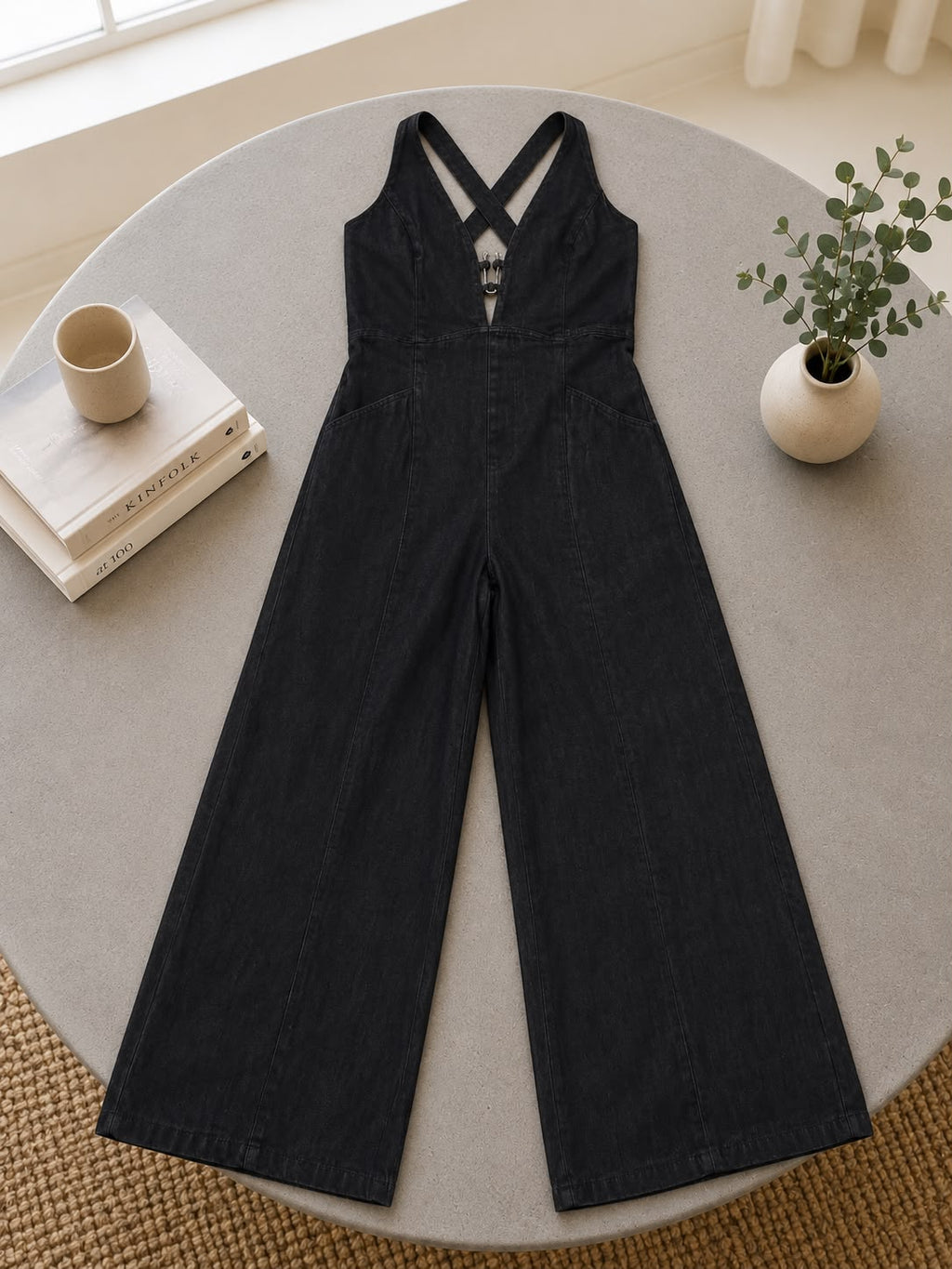 Black Denim Halter Wide Leg Jumpsuit with Hardware Pockets