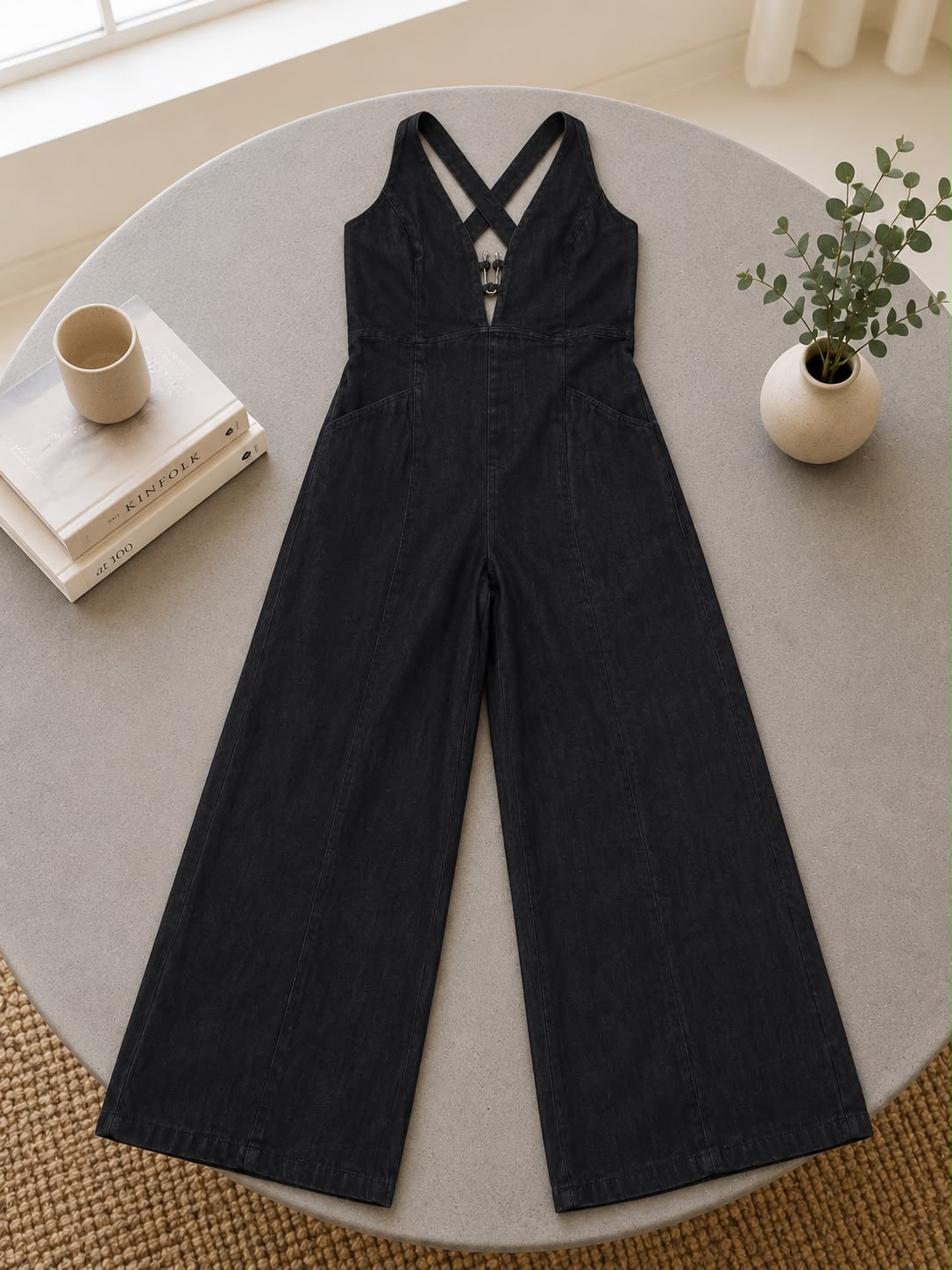 Black Denim Halter Wide Leg Jumpsuit with Hardware Pockets
