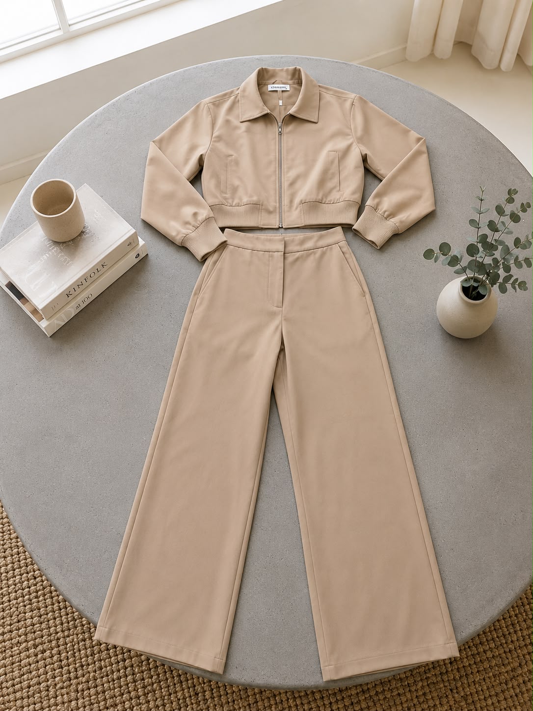 Long Sleeve Top & Pant Set Beige